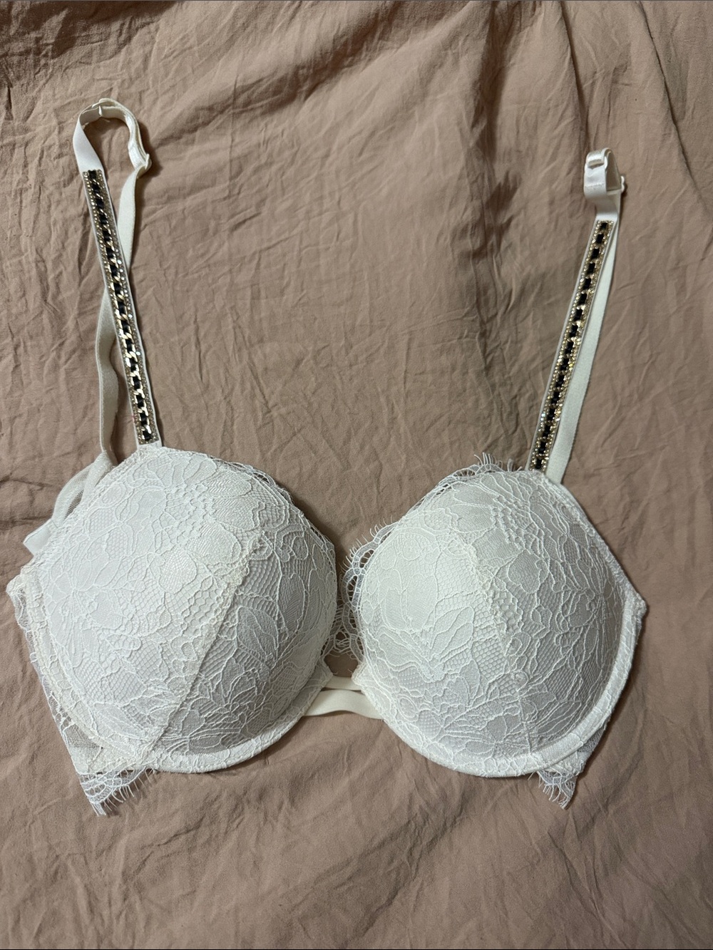 Victoria's Secret Cream Lace Push-Up Bra with Jeweled Straps